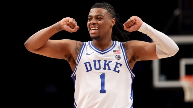 Duke Blue Devils guard Trevor Keels (1) reacts during the second half of the ACC Tournament semifinal game against the Miami Hurricanes at Barclays Center.